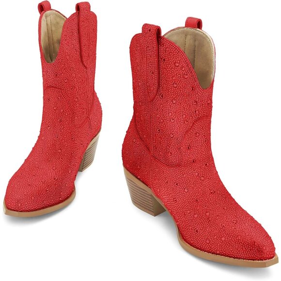 Women's Red Western Cowgirl Boots Embroidered Ankle High Pointed Toe Pull On - Picture 4 of 6